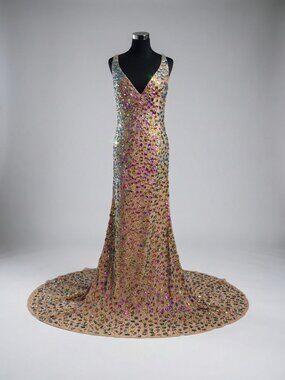 Luxury Couture Multi Color Gold Prom Party Evening Cocktail Crystals Dress Gown